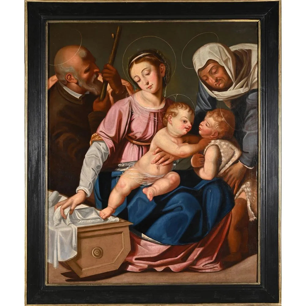 ÉCOLE ITALIENNE du XVIIè. D’après Scipion Pulzone. « La Sainte Famille avec Sainte Anne et Saint Jean ».